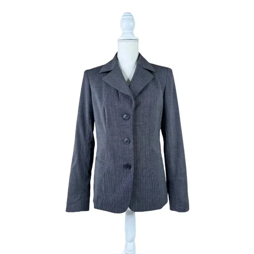 Lafayette 148 Gray Pinstriped Lined Wool Blend Blazer Jacket